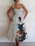 Women's Girl Reading Lover Print Cami Midi Dress