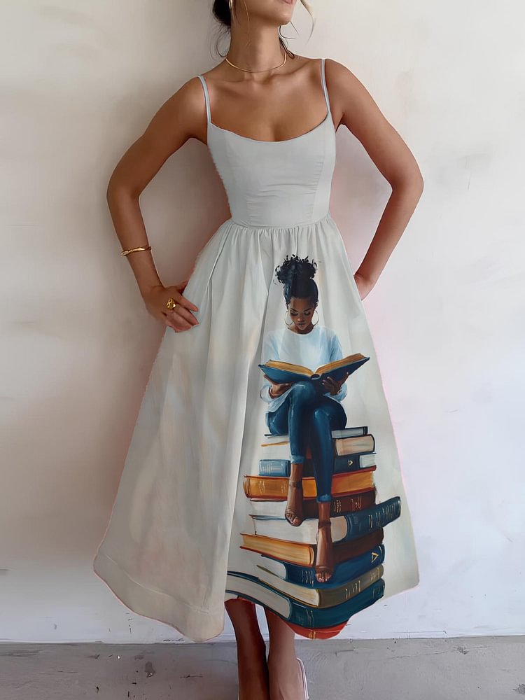 Women's Girl Reading Lover Print Cami Midi Dress