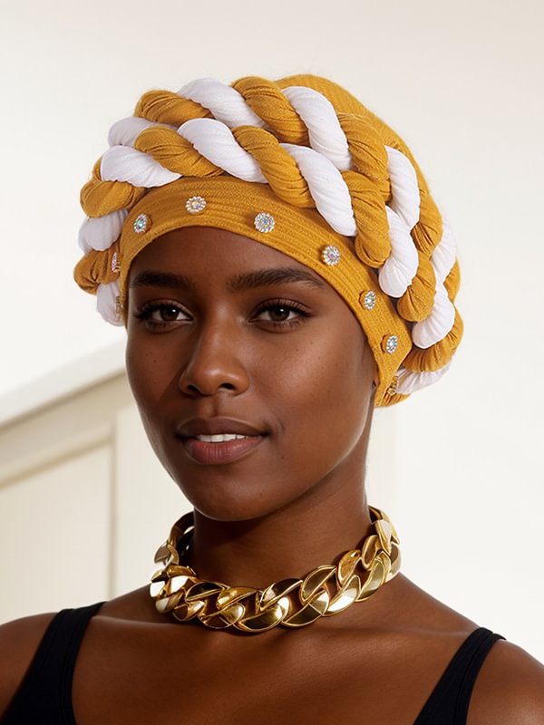 Women's Strip Rhinestone Decor Color Block Braid Turban Hat