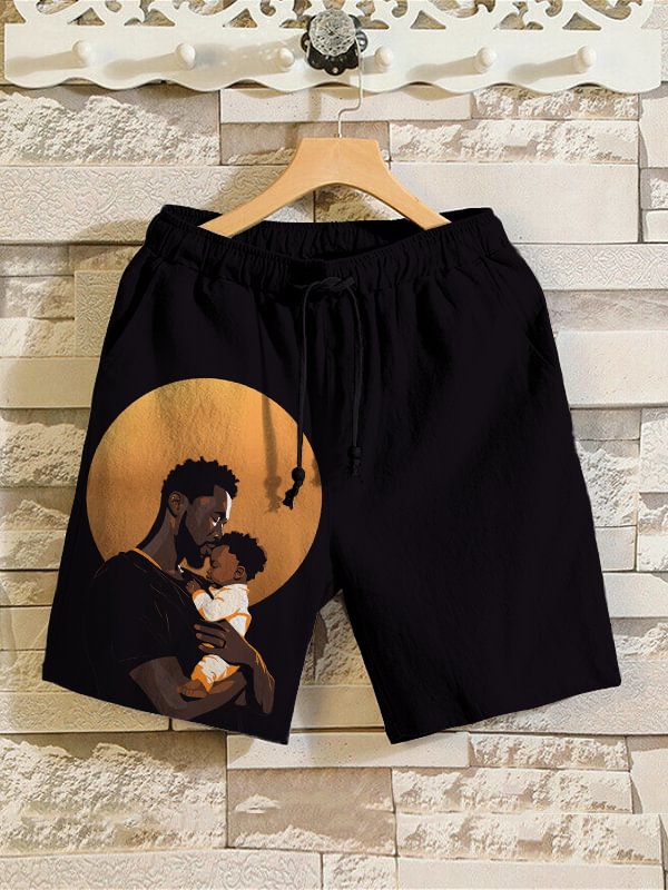 Men's Black Father's Day Art Print Linen Blend Shorts