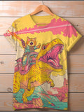 Women's Cat And Dinosaur Fantasy Art Print Casual T-Shirt