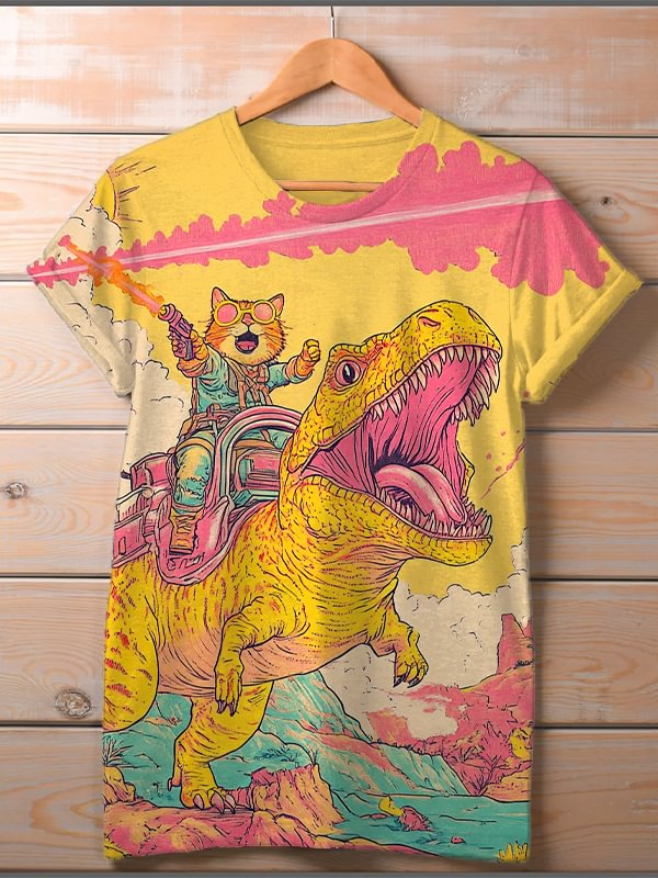 Women's Cat And Dinosaur Fantasy Art Print Casual T-Shirt