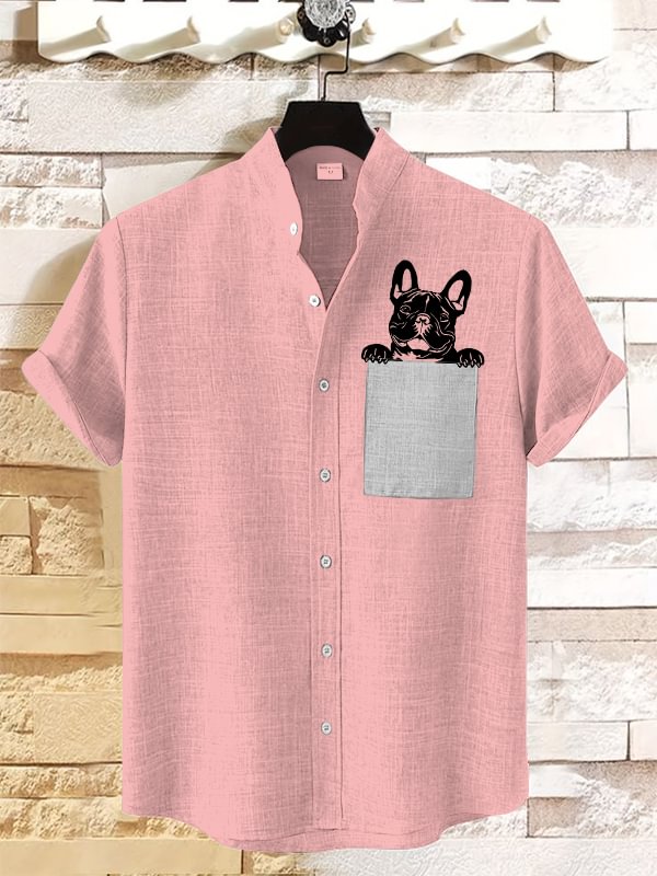 Men's Peekaboo French Bulldog Print Linen Blend Shirt