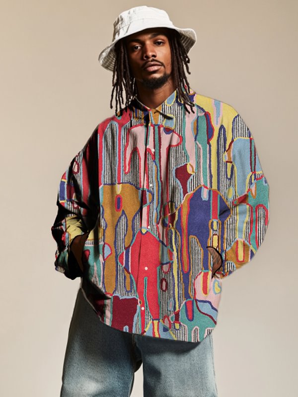 Men's Abstract Colorblock Art Print Long Sleeve Shirt