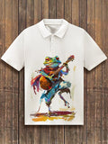 Men's Hippie Frog Playing Guitar Watercolor Painting Print Short Sleeve Polo Shirt