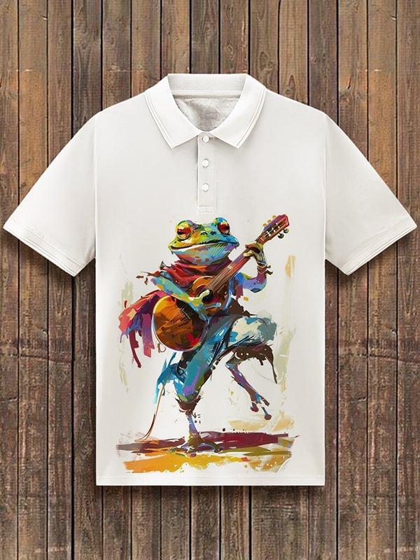 Men's Hippie Frog Playing Guitar Watercolor Painting Print Short Sleeve Polo Shirt