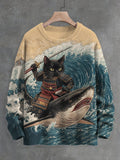 Men's Samurai Cat And Shark In The Waves Art Print Knit Sweatshirt