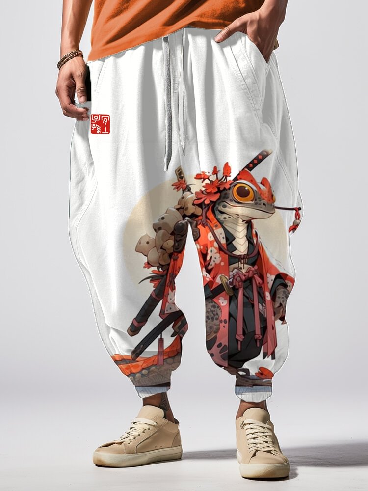 Men's Japan Sakura Frog Samurai Art Print Loose Drawstring Waist Sweatpants