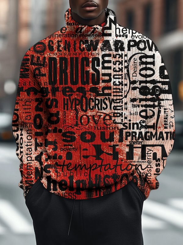 Men's Slogan Street Graffiti Art Print High Neck Knit Sweatshirt