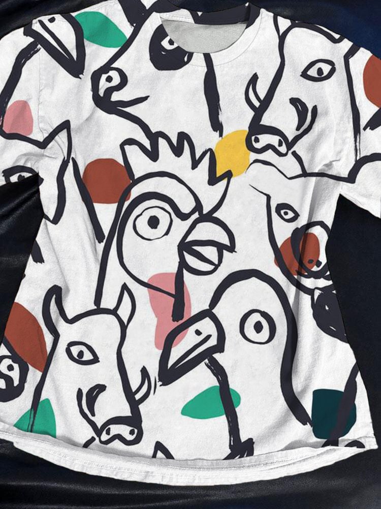 Men's Farm Chicken Duck Cow Stick Figure Art Print Casual T-Shirt
