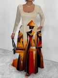 Women's African Oil Painting Abstract Art Print Long Sleeve Maxi Dress