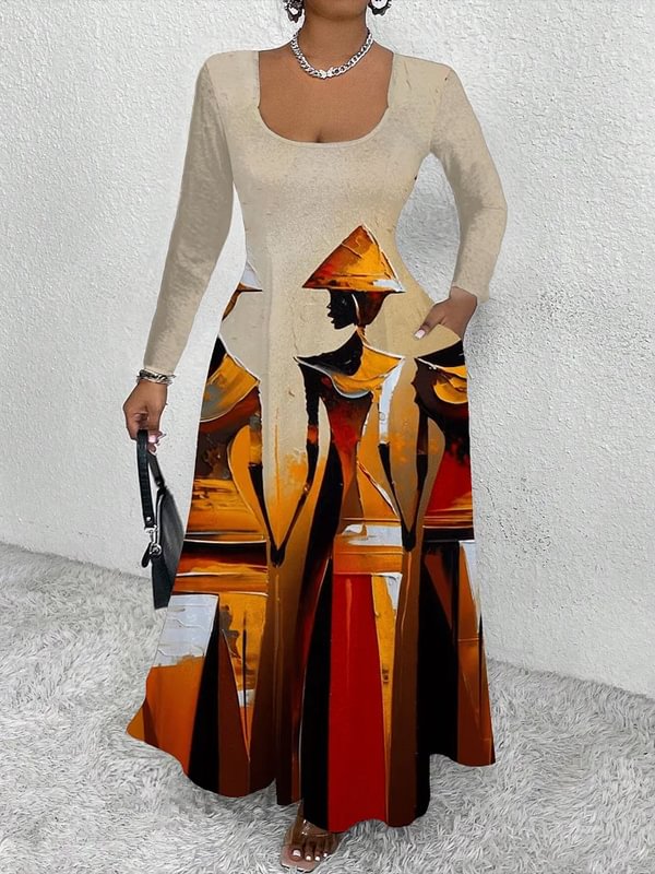 Women's African Oil Painting Abstract Art Print Long Sleeve Maxi Dress