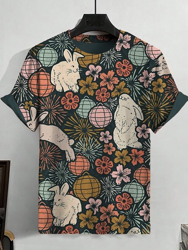 Men's Retro Rabbit Colored Egg Sakura Art Print T-Shirt
