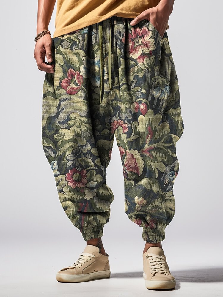 Men's Floral Art Print Loose Drawstring Waist Sweatpants
