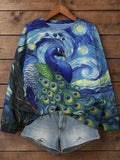 Women's Peacock And Starry Night Oil Painting Art Print Cozy Sweatshirt