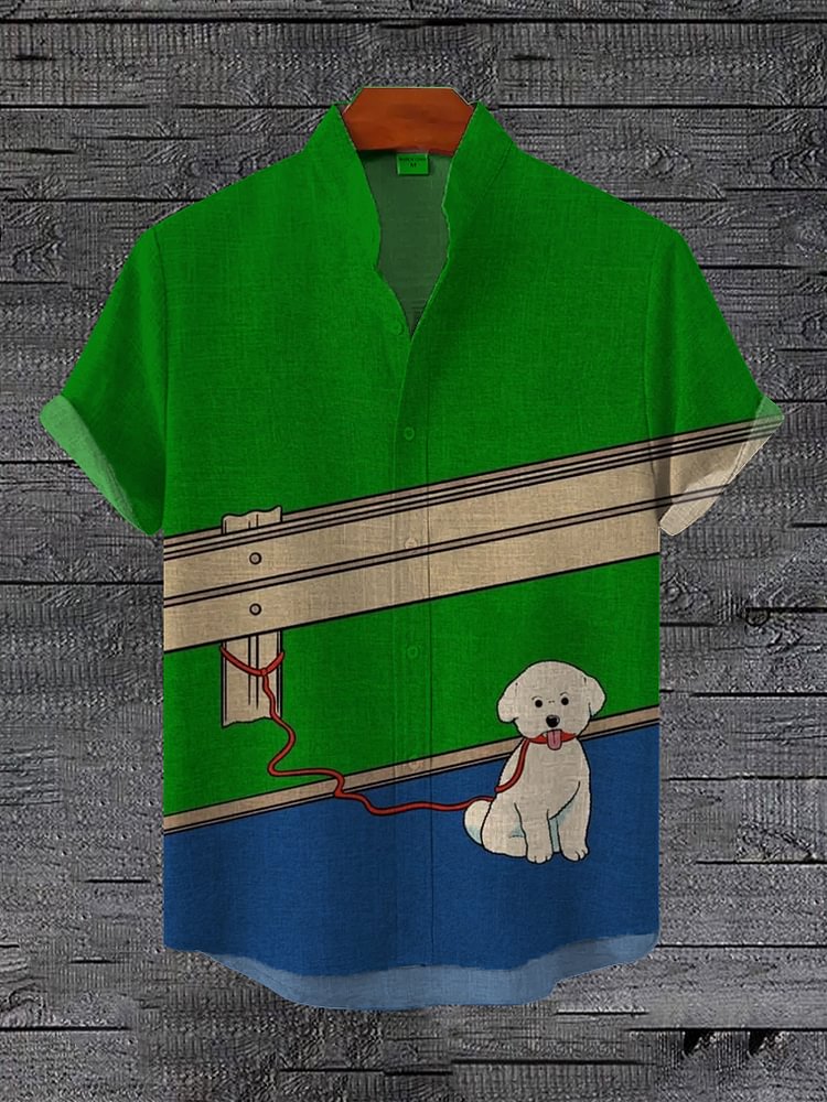 Men's Roadside Dog Illustration Print Casual Short Sleeve Shirt