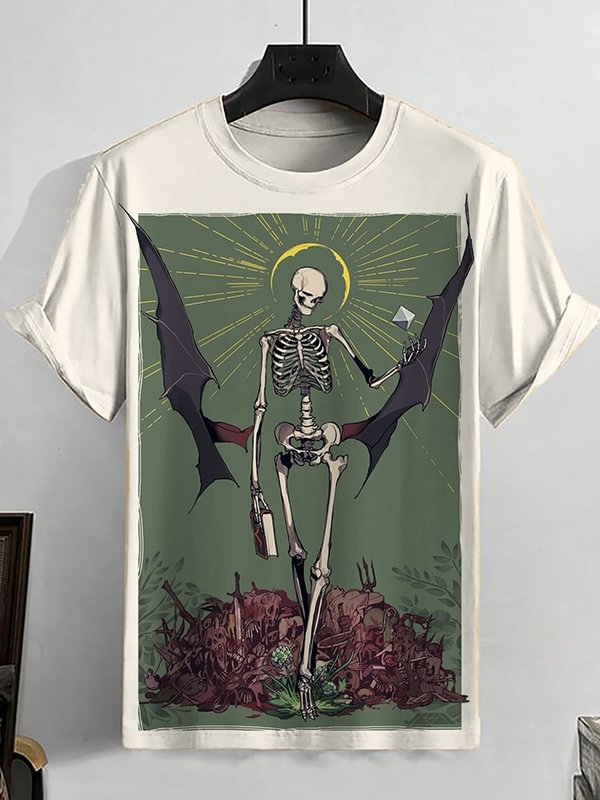 Men's Evil Holy Halo Skeleton Skull Bat Wing Illustration Art Print T-Shirt