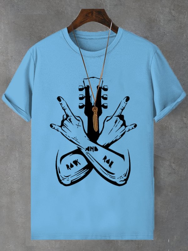 Men's Rock And Roll Guitar Graphic Print Cotton Casual T-Shirt