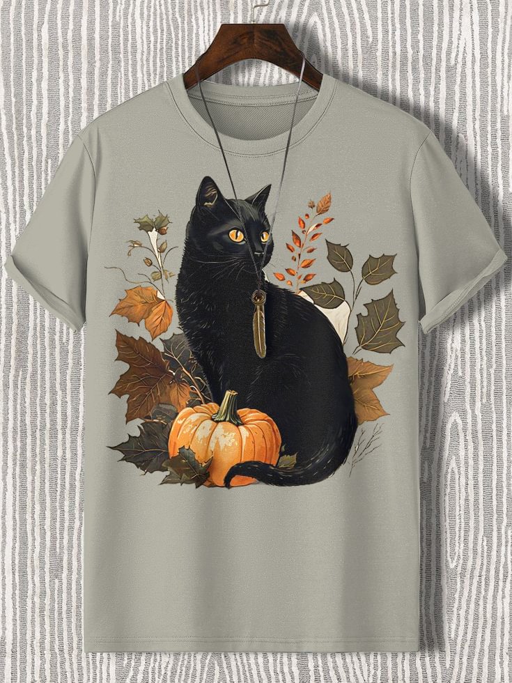 Men's Halloween Plant Black Cat Pumpkin Illustration Print Cotton Casual T-Shirt