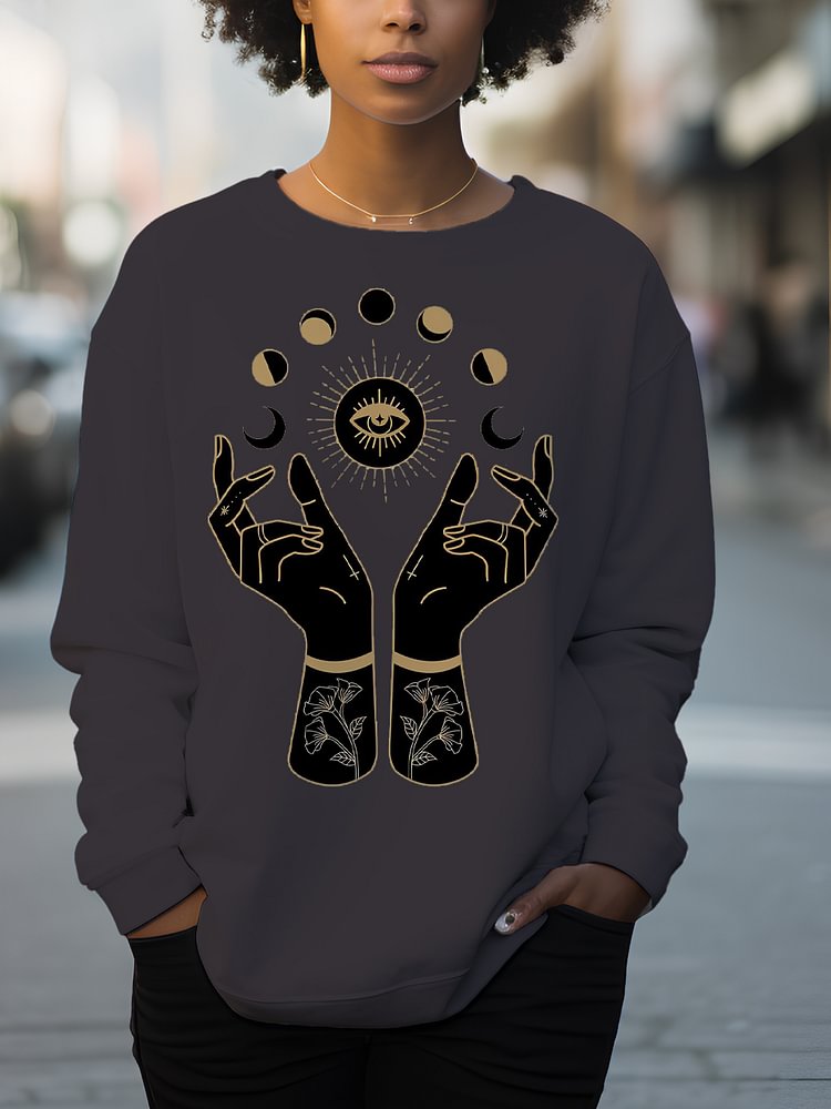 Women's Mysterious Eyes Hands Moon Print Cotton Long Sleeve T-Shirt Thin Sweatshirt