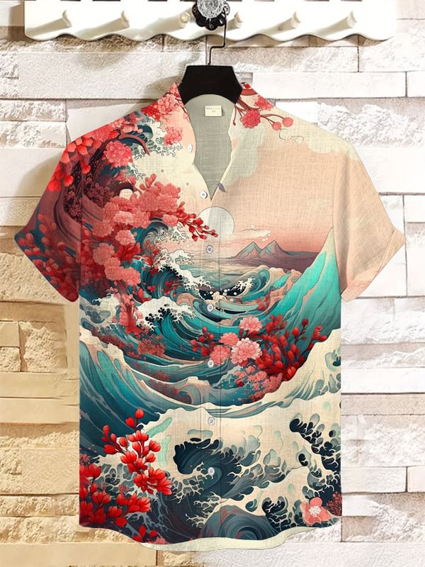 Men's Floral Sea Wave Japanese Art Print Linen Blend Shirt