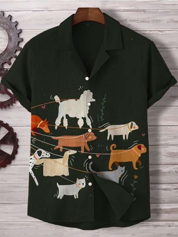 Men's Dogs Sitter Print Linen Blend Shirt