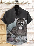 Men's Raccoon Coffee Time Art Print Linen Blend Shirt