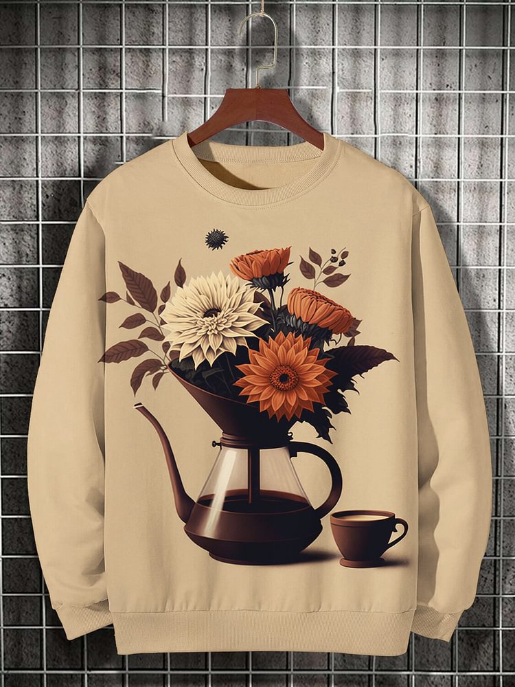 Men's Retro Floral and Coffee Print Casual Sweatshirt