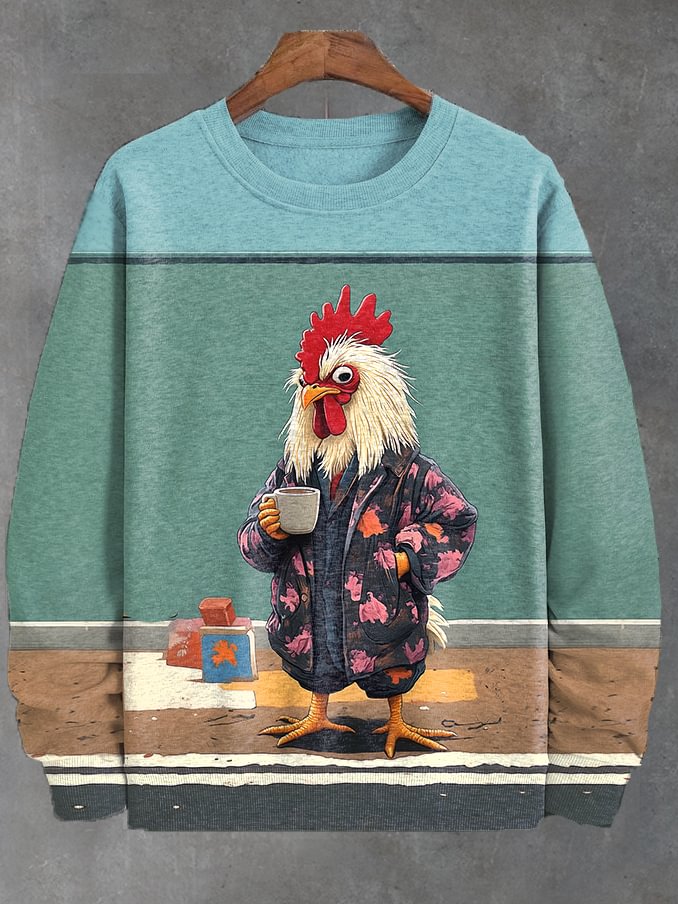 Men's Funny Early Rooster Street Coffee Color Block Art Print Sweatshirt