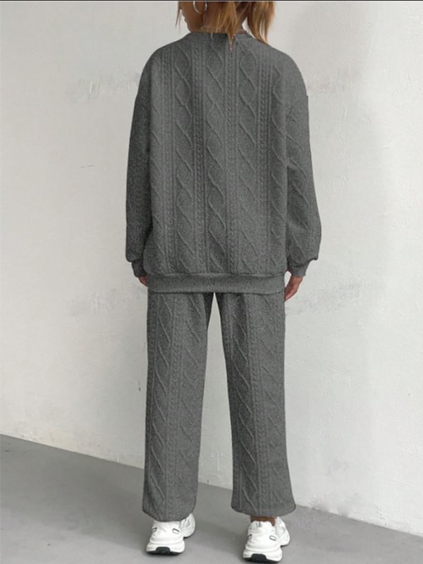 Women's Casual Solid Jacquard Textured Long Sleeve Sweatshirt Pants Matching Set