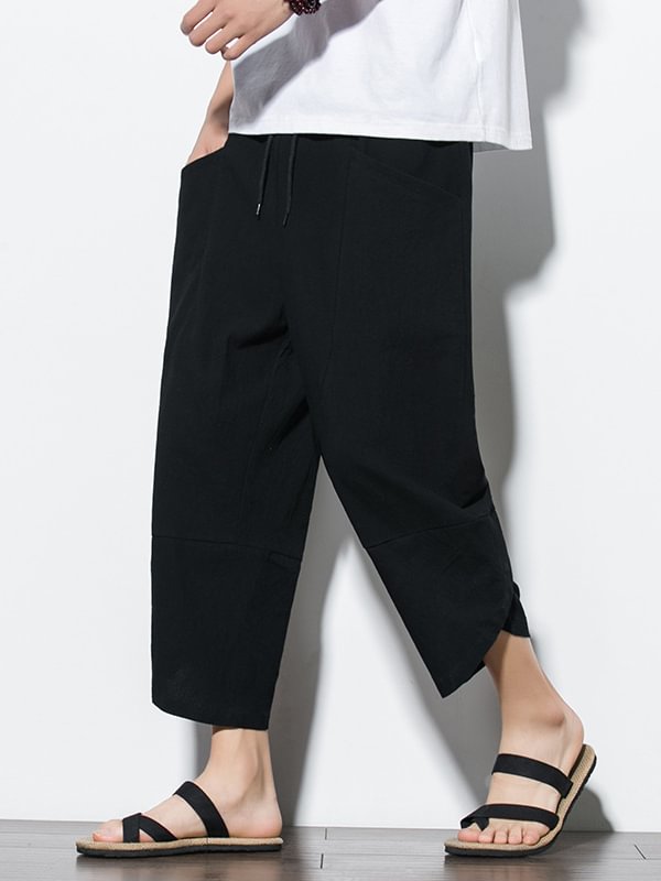 Men's Casual Pocket Drawstring Waist Wrapped Cuff Cotton Linen Crop Harem Pants