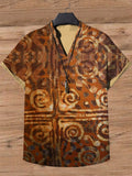 Men's African Traditional Totem Art Print Short Sleeve Linen Blend Shirt