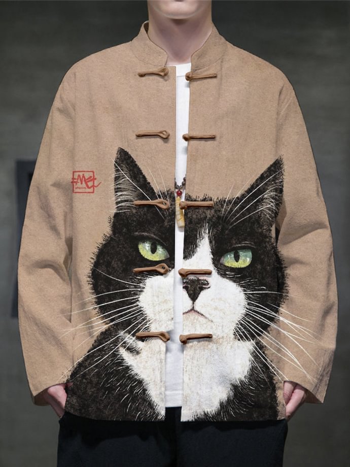 Men's Bicolor Cat Art Print Long Sleeve Knot Button Shirt