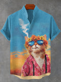 Men's Garland Hippie Cat Smoking Sunset Print Casual Shirt