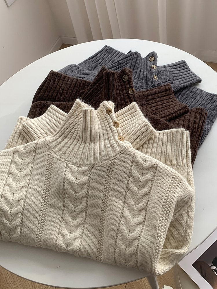 Women's Solid Color Retro High Neck Buttons Knit Pullover Sweater