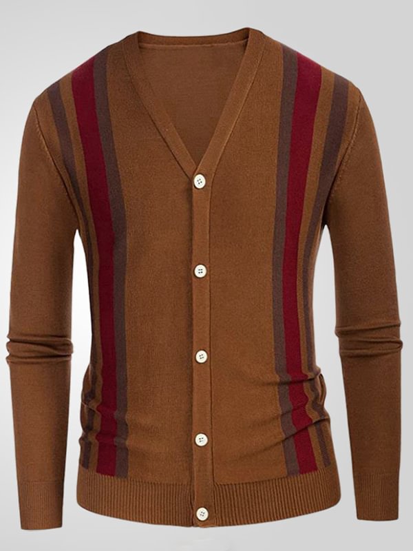 Men's Casual Striped Print Single Breasted V Neck Knit Cardigan