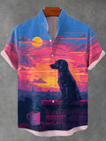 Men's Sunset Lazy Coffee Dachshund Vaporwave Art Print Short Sleeve Linen Blend Shirt