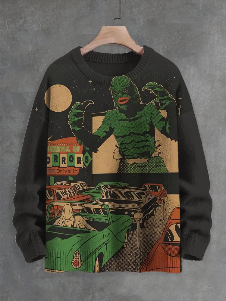 Men's Retro Horror The Monster Car Outdoor Movies Art Print Knit Sweatshirt