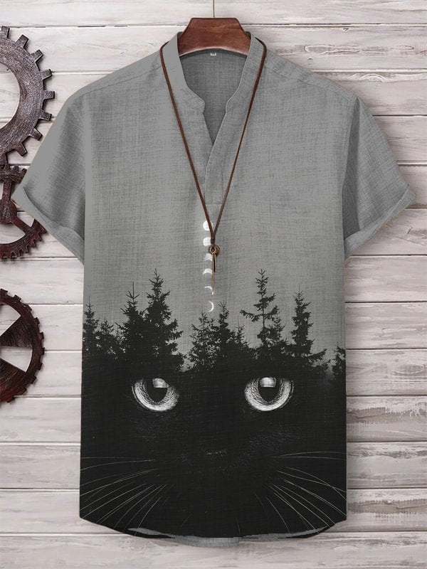 Men's Mystical Forest Cat Hiding Art Print Casual V Neck T-Shirt