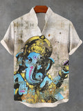 Men's Retro Mystical Ganesh Art Print Short Sleeve Linen Blend Shirt