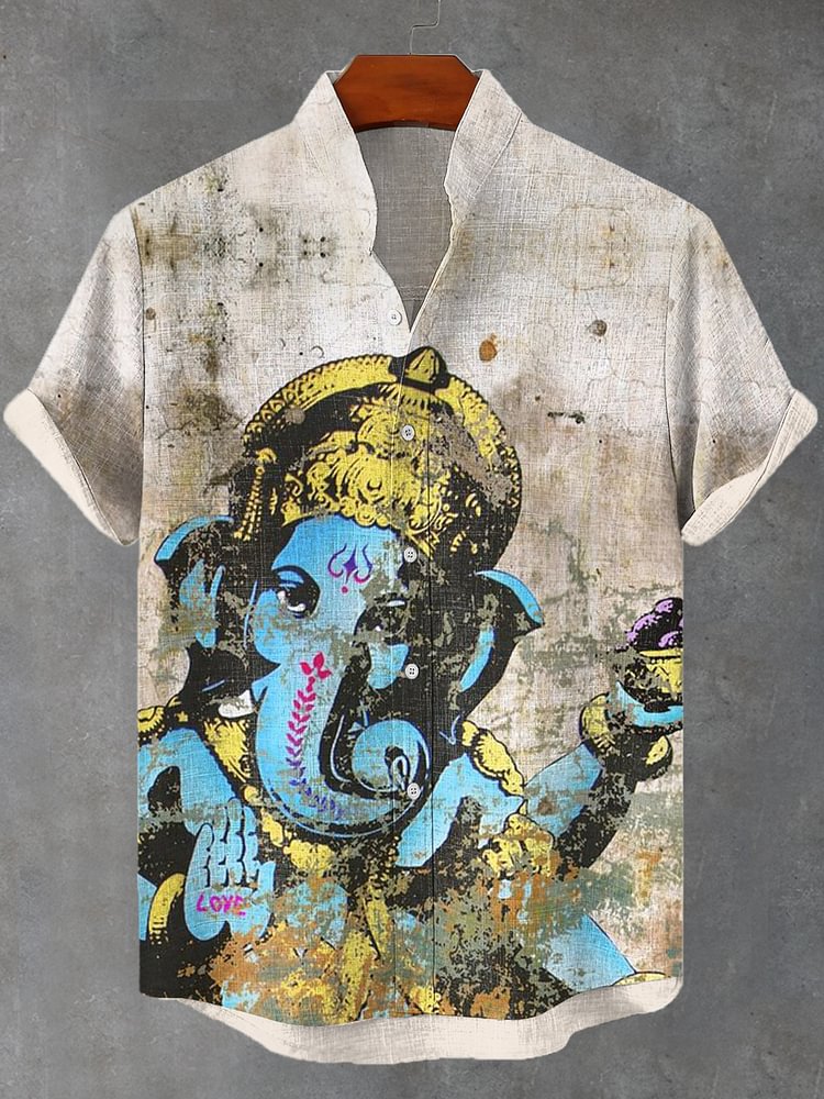 Men's Retro Mystical Ganesh Art Print Short Sleeve Linen Blend Shirt