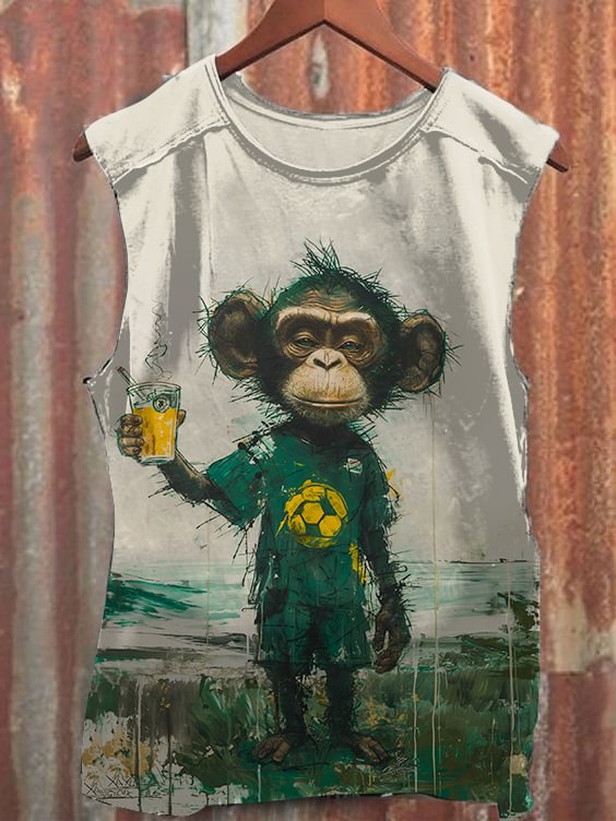 Men's Monkey Football Players Drinking Beer Oil Painting Print Tank Top