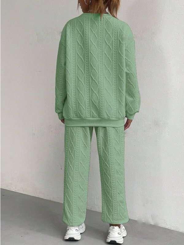 Women's Casual Solid Jacquard Textured Long Sleeve Sweatshirt Pants Matching Set