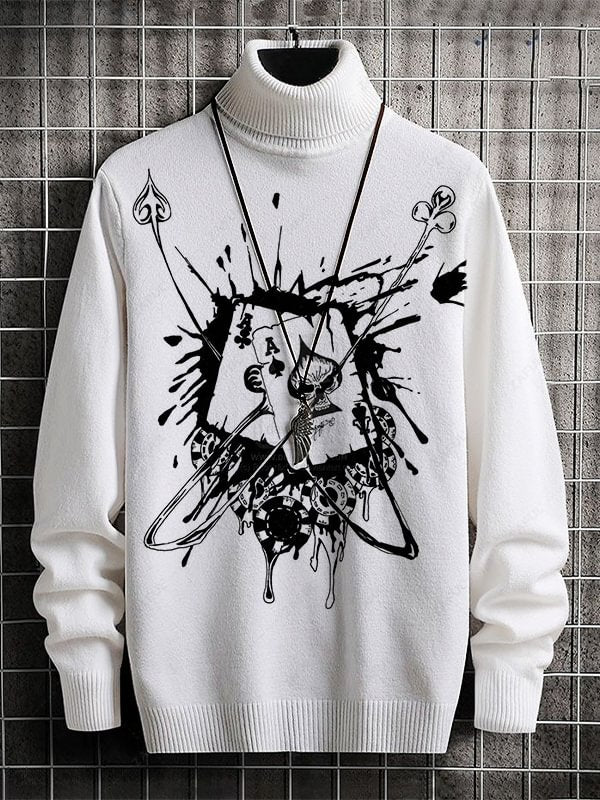 Men's Poker Splash-Ink Art Print High Neck Knit Sweatshirt
