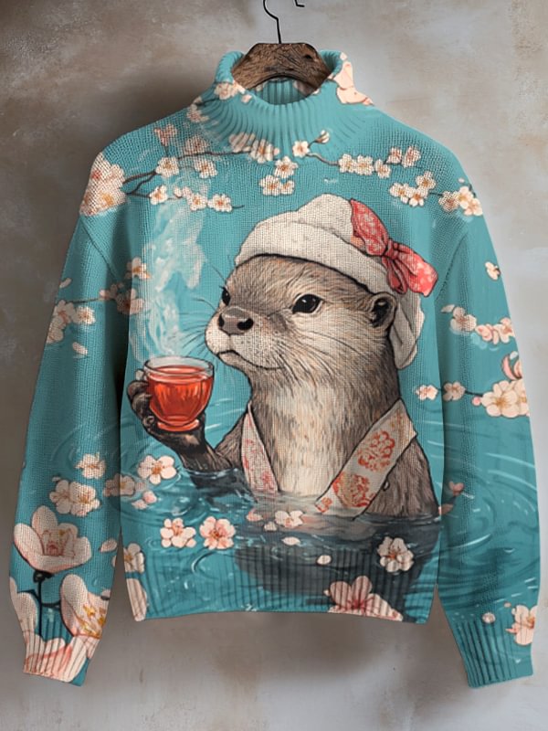 Women's Otter Drinks Hot Tea In Hot Springs Print High Neck Knit Sweatshirt