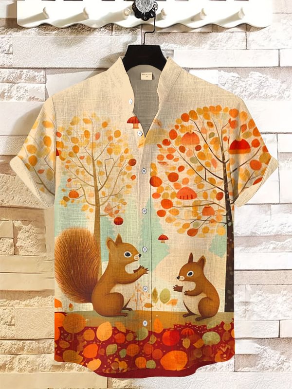 Men's Forest Squirrel Art Print Casual Shirt