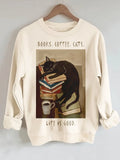 Women's Books Coffee Cats Life Is Good Print Cotton Long Sleeve T-Shirt Thin Sweatshirt