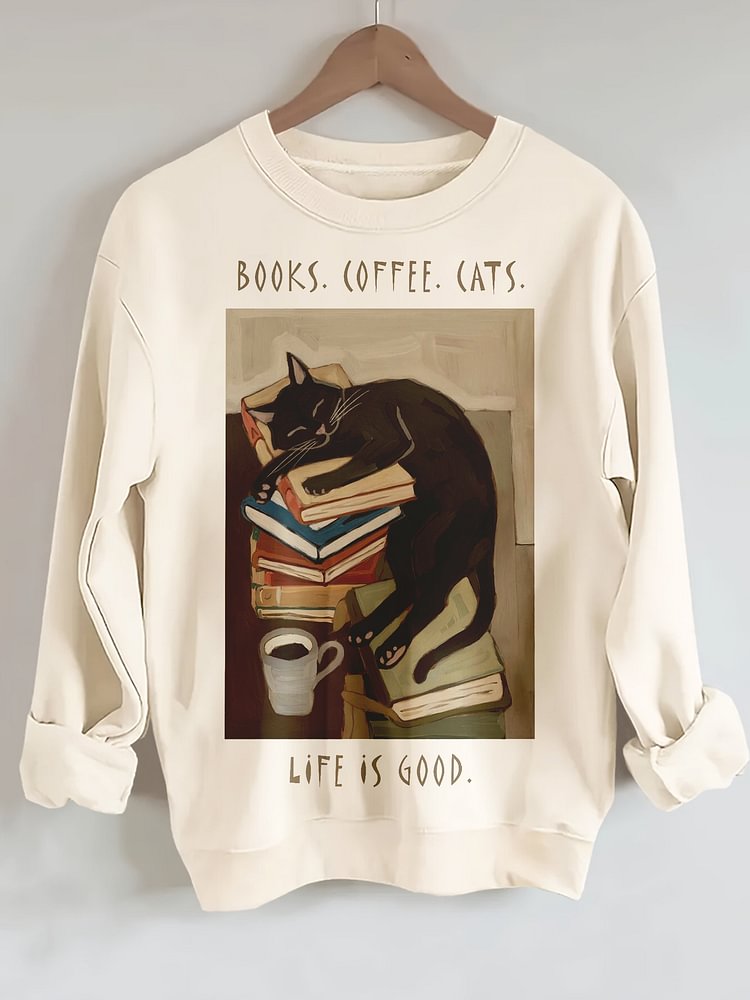 Women's Books Coffee Cats Life Is Good Print Cotton Long Sleeve T-Shirt Thin Sweatshirt