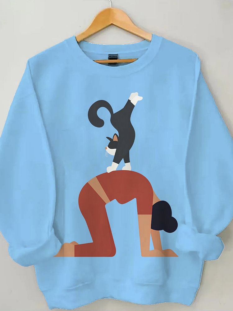Women's Yoga Lover Cat Print Cotton Long Sleeve T-Shirt Thin Sweatshirt