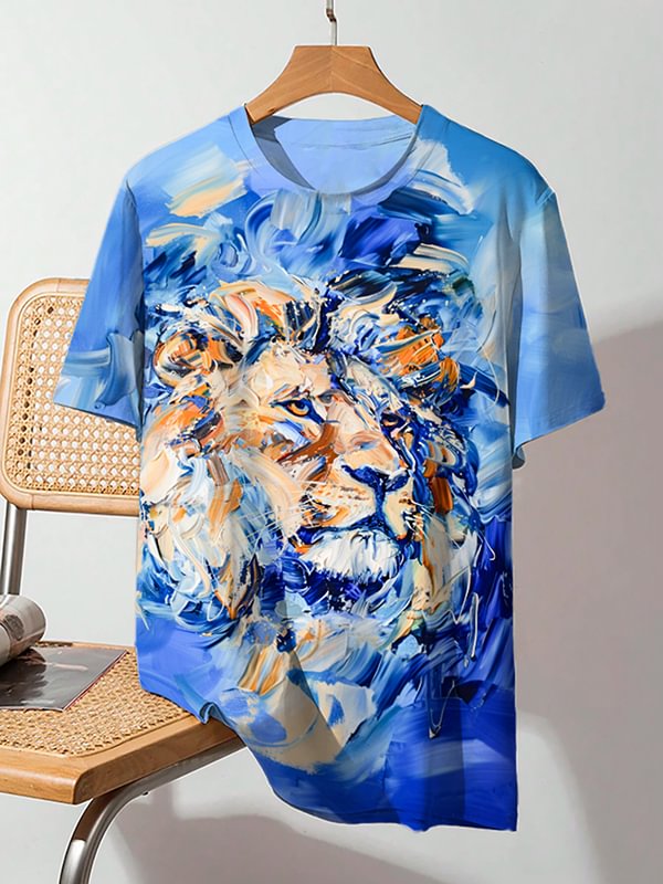 Men's Lion Oil Painting Print Casual T-Shirt